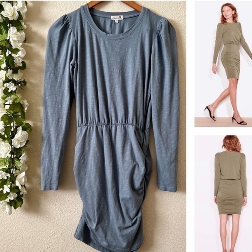 NWOT Sundry Anthropologie Cotton Blue Puffed Long Sleeve Shirred Mini Dress